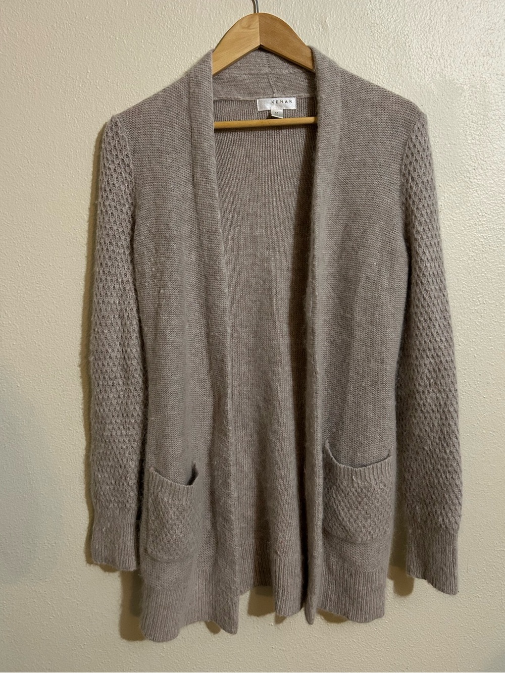 Kenar Taupe Open-Front Pocket Knit Cardigan Angora Size Medium Cozy Cabin